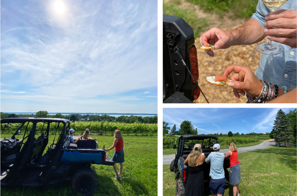 3 images: a View of Heart & Hands vineyards overlooking Cayuga Lake, 2) 2 guests behind the UTV with owner Susan Higgins, 3) Guests enjoying food and wine pairings on one of the best finger lakes winery experiences around